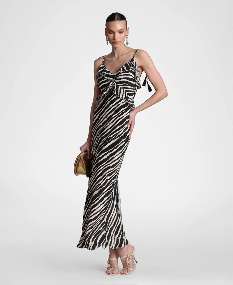 Avec Les Filles Women's Viscose-Blend Braided Tie Ruffle Maxi Dress