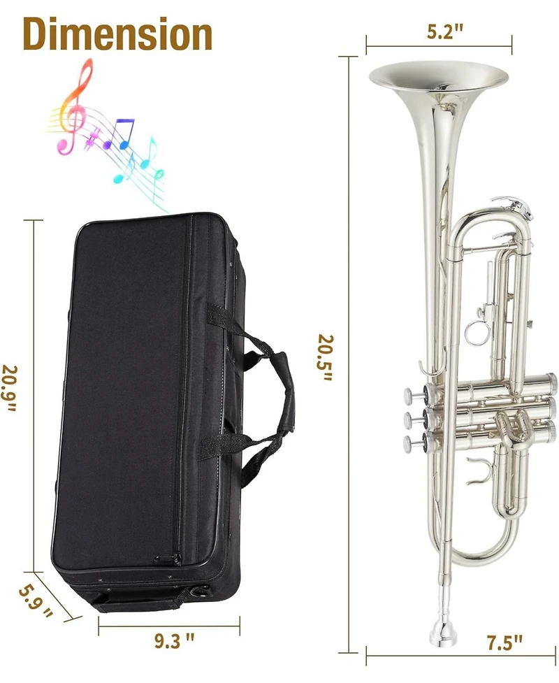 gaomon Bb Standard Trumpet Set for Beginners - Brass Student Instrument Mouthpiece Case Cleaning Kit