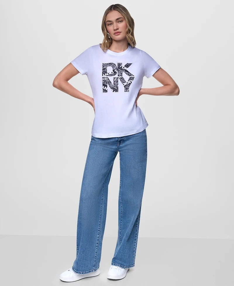 Dkny Jeans Women's Short-Sleeve Newsprint Stacked Logo Crewneck T-Shirt