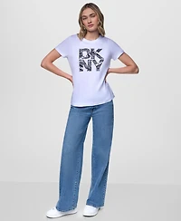 Dkny Jeans Women's Short-Sleeve Newsprint Stacked Logo Crewneck T-Shirt