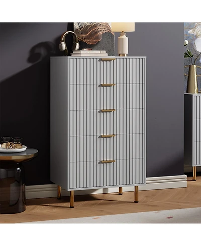 homfan Modern Fluted 5 Drawer Dresser - 48" Tall Wooden Chest with Deep Storage, Wide Top, Organizer for Bedroom, Living Room, Hallway, Kids Room