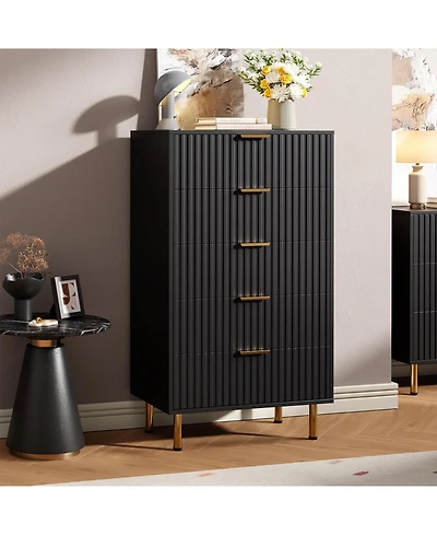 homfan Modern Fluted 5 Drawer Dresser - 48" Tall Wooden Chest with Deep Storage, Wide Top, Organizer for Bedroom, Living Room, Hallway, Kids Room