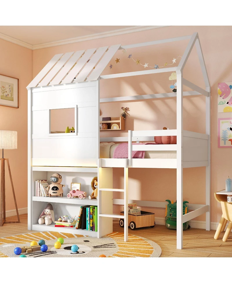 Gymax Twin Size Loft Bed w/ Led Lights and Roof Window and Storage Bookshelf and Guardrails