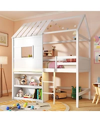 Gymax Twin Size Loft Bed w/ Led Lights and Roof Window and Storage Bookshelf and Guardrails