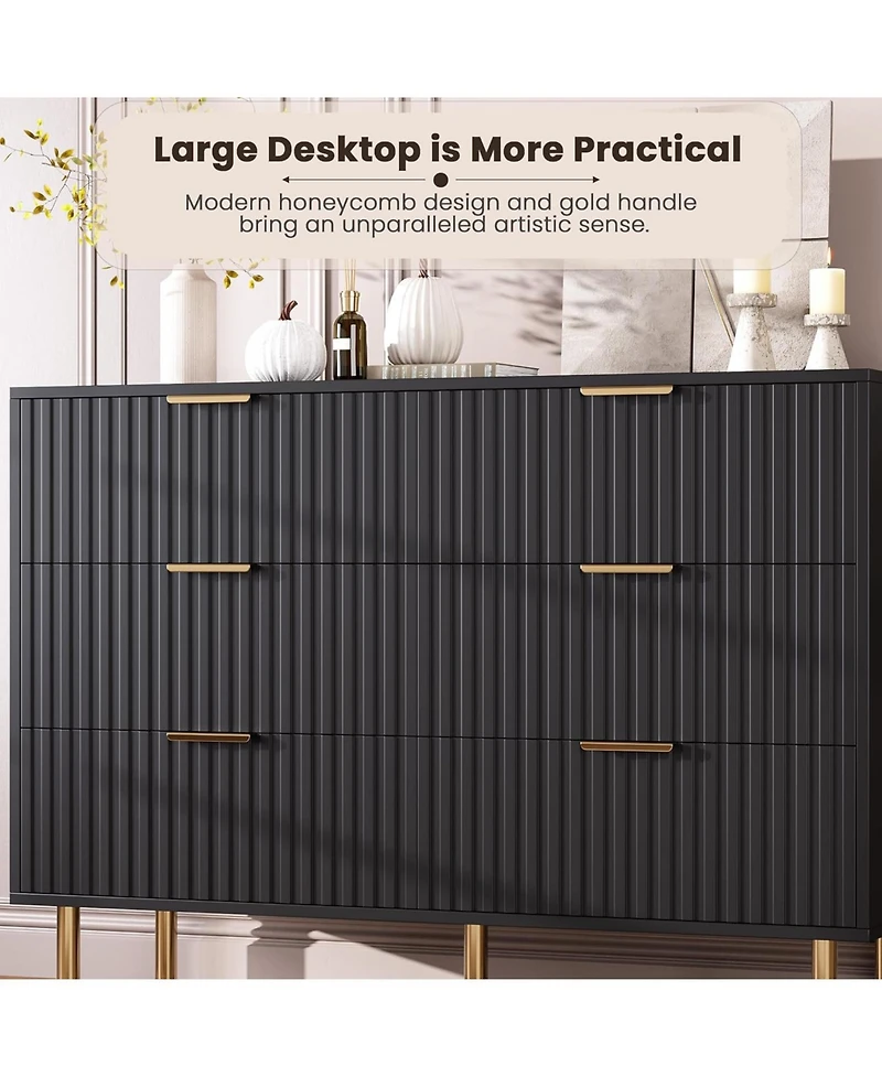 homfan Modern Fluted 6 Drawer Dresser - Wide Wooden Chest with Deep Drawers Double Tv Stand for Bedroom, Living Room, Hallway, Kids Room