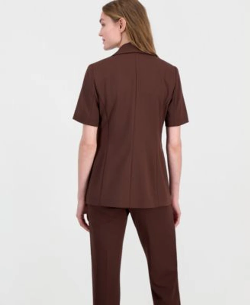 Anne Klein Womens Faux Double Breasted Short Sleeve Jacket Stretch Crepe Hollywood Waist Straight Ankle Pants