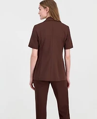 Anne Klein Womens Faux Double Breasted Short Sleeve Jacket Stretch Crepe Hollywood Waist Straight Ankle Pants