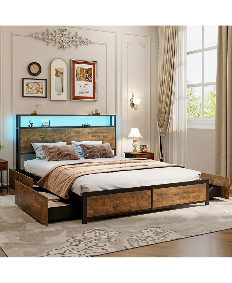 Gymax Queen Industrial Platform Bed Frame w/ Storage Drawers and Led Lights Headboard