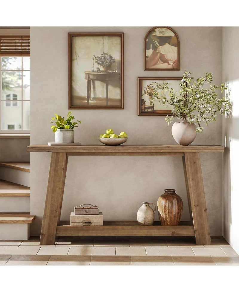Slickblue Farmhouse Wooden Sofa Console Table with 2-Tier Shelf for Entryway-Light Brown