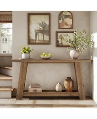 Slickblue Farmhouse Wooden Sofa Console Table with 2-Tier Shelf for Entryway-Light Brown