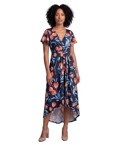 24seven Comfort Apparel Petite Essential Black Floral Print Short-Sleeve Dress