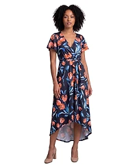 24seven Comfort Apparel Petite Essential Black Floral Print Short-Sleeve Dress