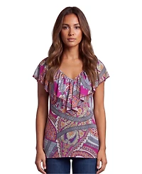 24seven Comfort Apparel Petite Essential Paisley Print V-Neck Top