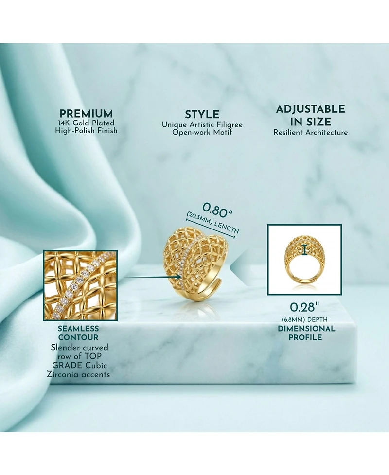 14k Yellow Gold Plated Concave Filigree Wire Dome-Shaped Artistic Adjustable Ring