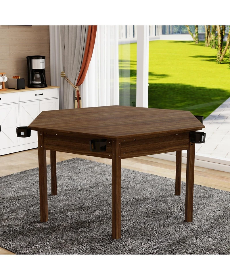 Rainsken 2-in-1 Dining and Gaming Table, with Cup Holders, Removable Top, for 4-6 Players, Non-Slip Play Mat, Solid Wood Legs