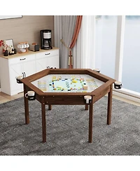 Rainsken 2-in-1 Dining and Gaming Table, with Cup Holders, Removable Top, for 4-6 Players, Non-Slip Play Mat, Solid Wood Legs