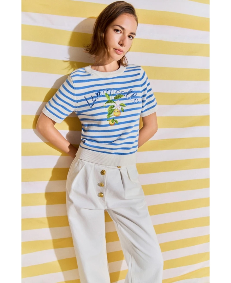 English Factory Women's Striped Lemon Short Sleeve Sweater