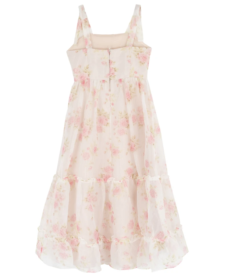 Rare Editions Girls' 7-16 Printed Floral Organza 3-Tier Maxi Dress with Tie Straps