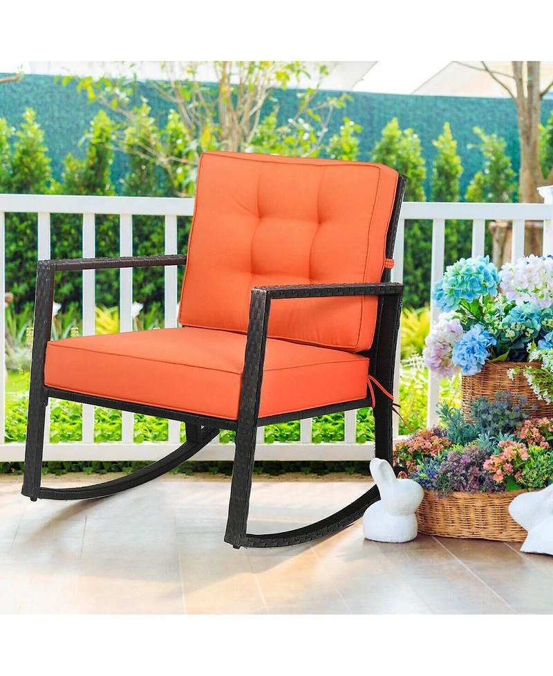 Gymax 2piece Outdoor Wicker Rocking Chair Patio Lawn Rattan Single Chair Glider with Cushion