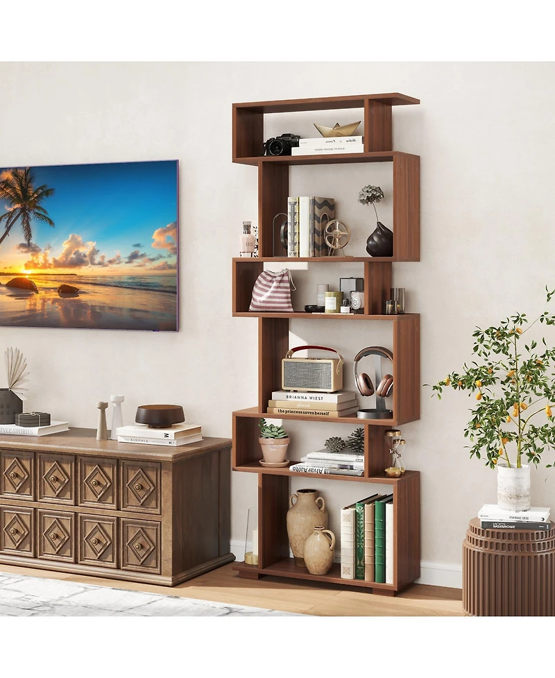 Gymax 2 Piece 6 Tier Bookshelf Geometric Bookcase with Anti Tipping Kits Wooden Display Shelf