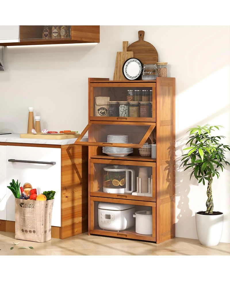 Gymax 4 Tier Bamboo Bookshelf with Doors See Through Acrylic Doors Freestanding Bookcase
