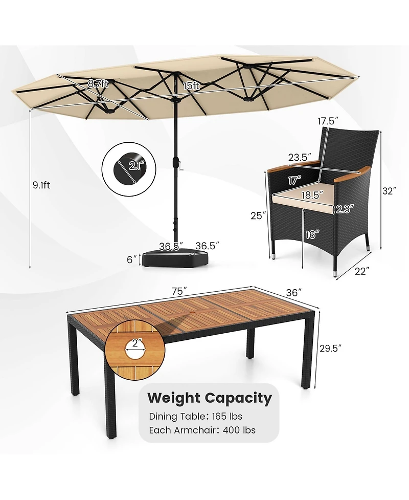 Costway 11 Pcs Patio Wicker Dining Set with Double-Sided Outdoor Umbrella 8 Stackable Chairs