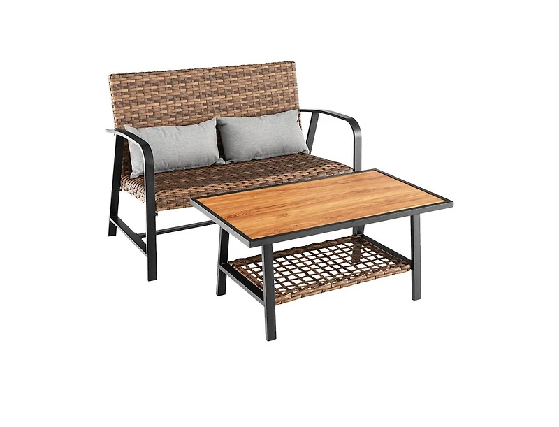 Boyel Living 2 Pieces Patio Rattan Coffee Table Set with Shelf and Quick Dry Cushion