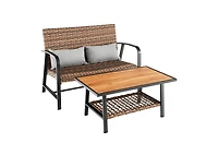 Boyel Living 2 Pieces Patio Rattan Coffee Table Set with Shelf and Quick Dry Cushion