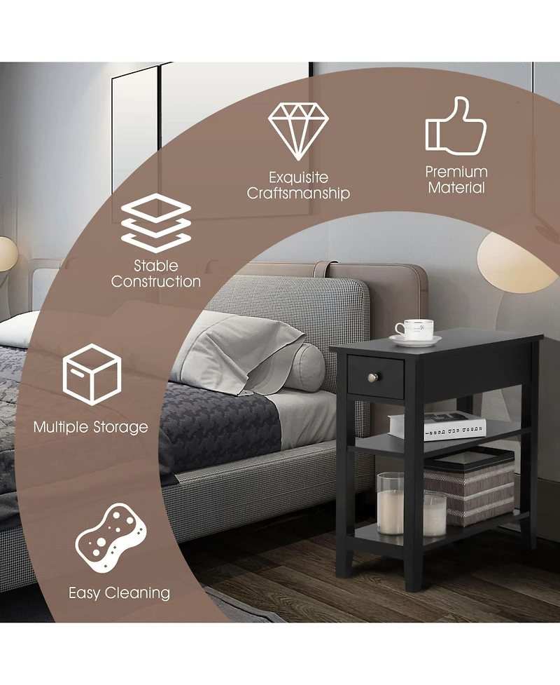sumyeg 3-Tier Nightstand Bedside Table Sofa Side with Double Shelves Drawer