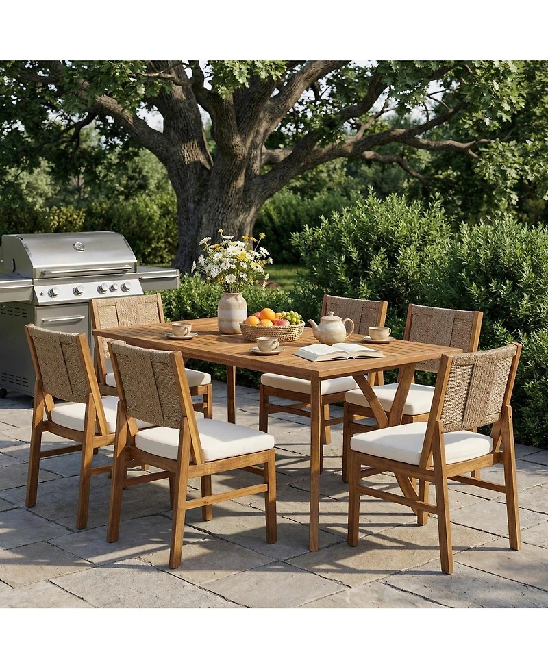 Asagikoiai Outdoor 7-Piece Acacia Wood Dining Set with Wicker Woven Chairs and Cushions