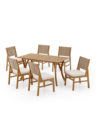 Asagikoiai Outdoor 7-Piece Acacia Wood Dining Set with Wicker Woven Chairs and Cushions