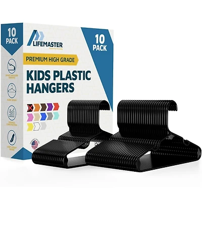 Lifemaster Kids Plastic Clothing Hangers with Shoulder Notches, Space-Saving Design, 11.6 Inches, Pack of 10