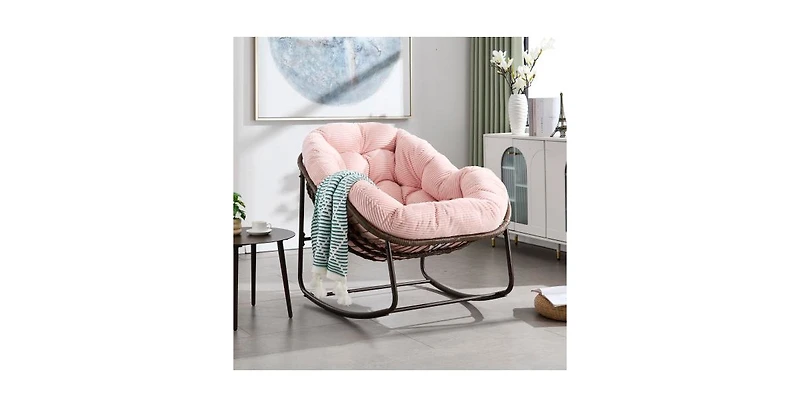 Flynama Outdoor Rattan Rocking Chair Oversized Padded Cushion Rocker Recliner Powder Coated Steel Frame for Front Porch Patio Garden