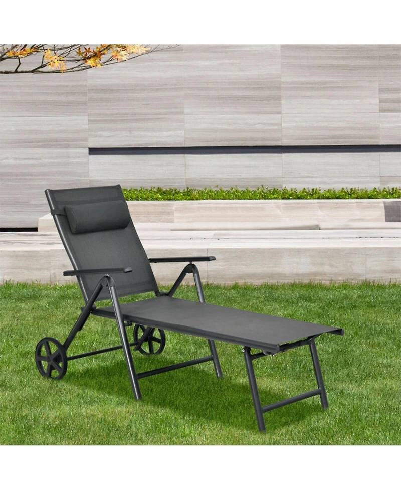 Adjustable Patio Lounge Chair with Wheels, Neck Pillow and Aluminum Frame