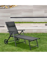 Adjustable Patio Lounge Chair with Wheels, Neck Pillow and Aluminum Frame