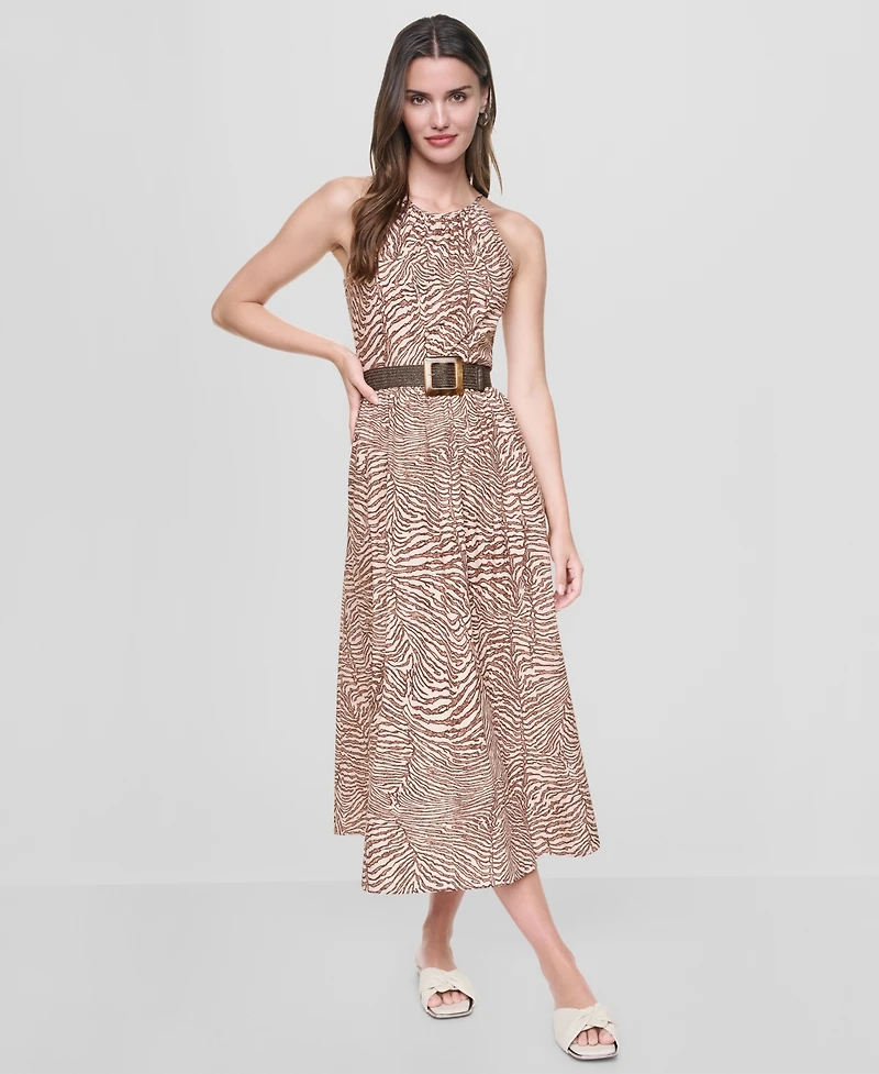 Dkny Women's Sleeveless Halter Neck Dress with Removable Belt