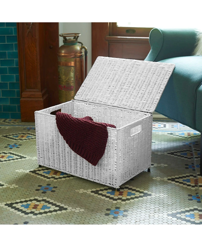 Household Essentials Woven Paper Rope Storage Chest with Hinged Lid and Integrated Handles