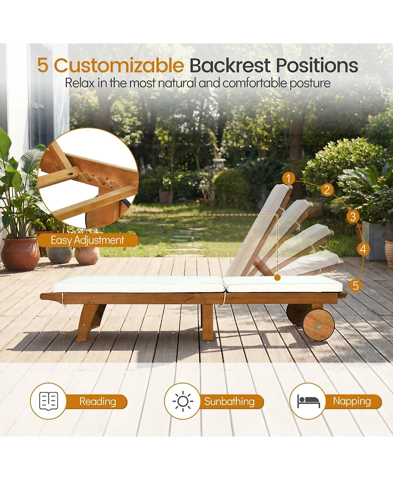 Costway Patio Acacia Wood Lounge Chair Chaise Recliner Adjustable Backrest Cushion Wheel