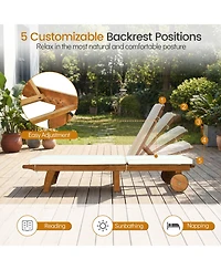 Costway Patio Acacia Wood Lounge Chair Chaise Recliner Adjustable Backrest Cushion Wheel