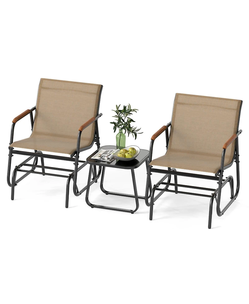 Sugift 3-Piece Outdoor Glider Bistro Set with Tempered Glass Side Table