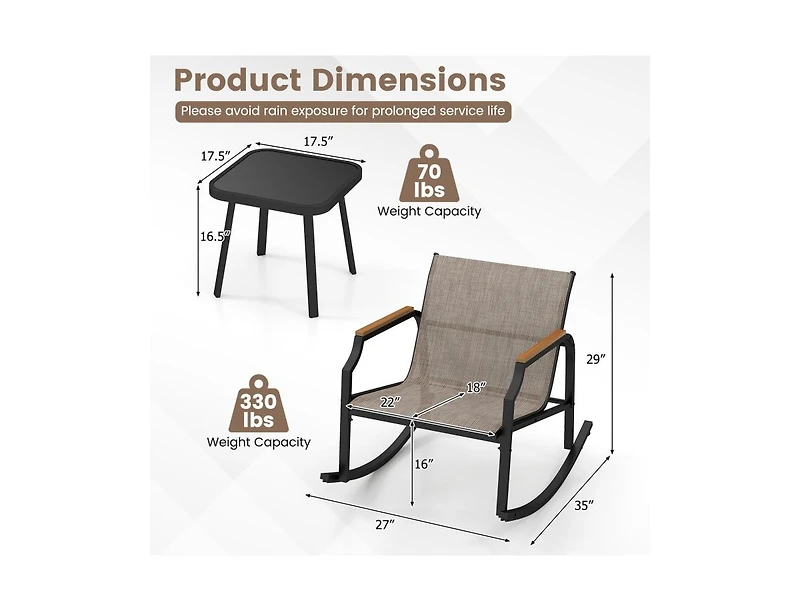 Boyel Living 3 Piece Patio Rocking Bistro Set with Tempered Glass Coffee Table and Armrests