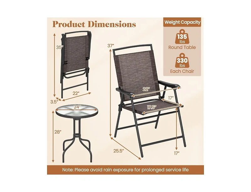 Boyel Living 3 Pieces Patio Round Table and Folding Chairs Set with Rippled Tempered Glass Tabletop