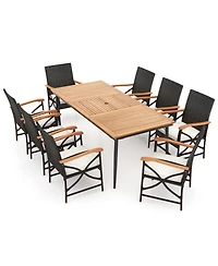 Clihome 79 Inch Outdoor Acacia Wood Dining Table and 8 Rattan-woven Dining Chairs with Umbrella Hole