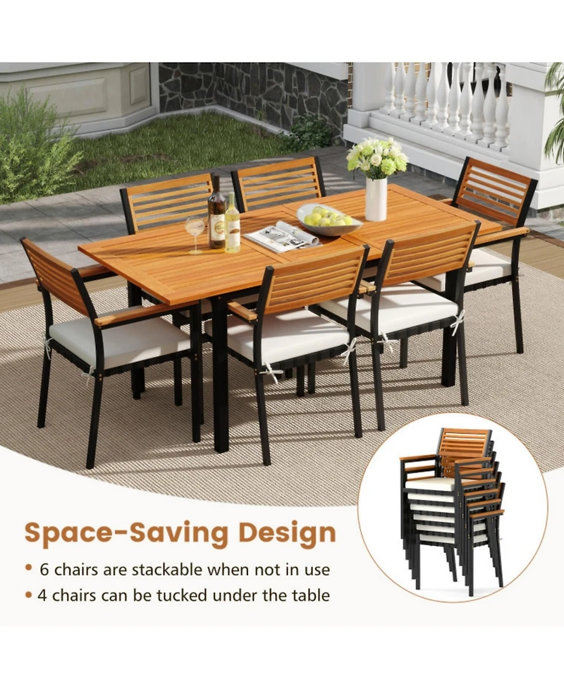 Clihome 7-Piece Patio Dining Set Wood Metal with Seat Cushions and Umbrella Hole