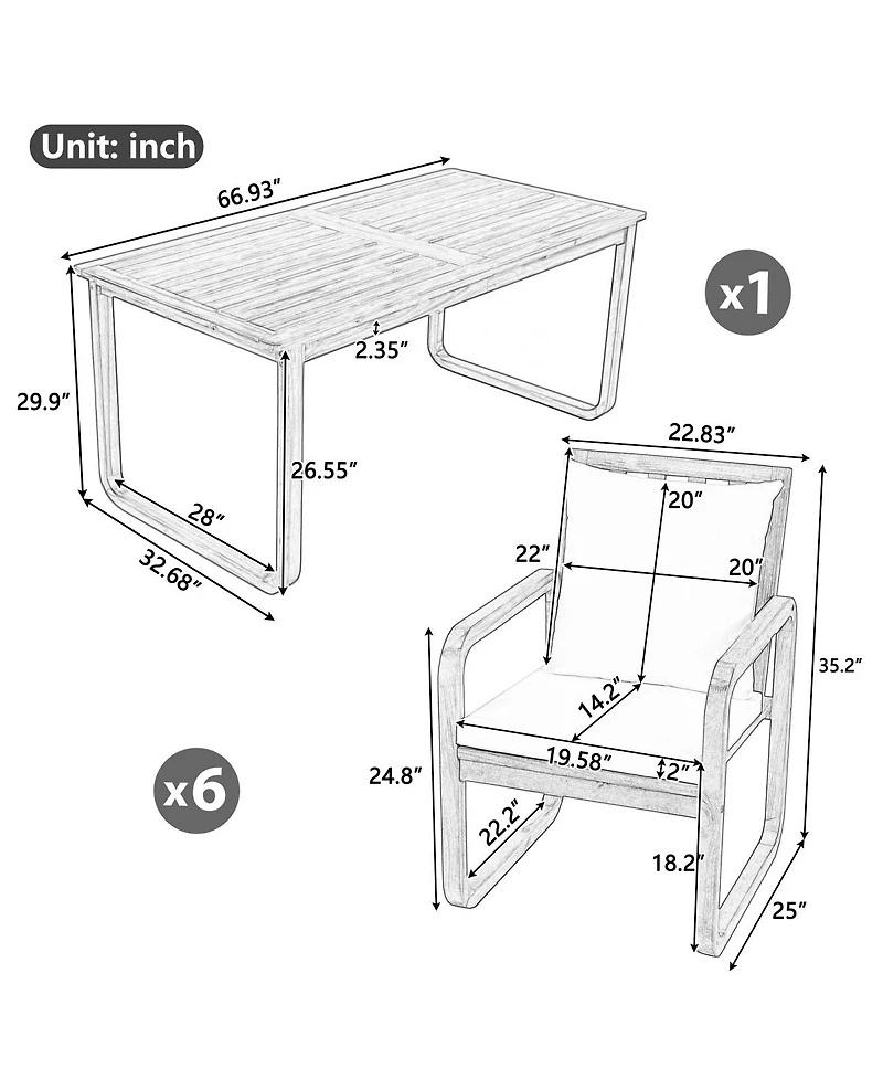 Asagikoiai 7-Piece Acacia Wood Patio Dining Set with Rectangular Outdoor Table and 6 Armchairs