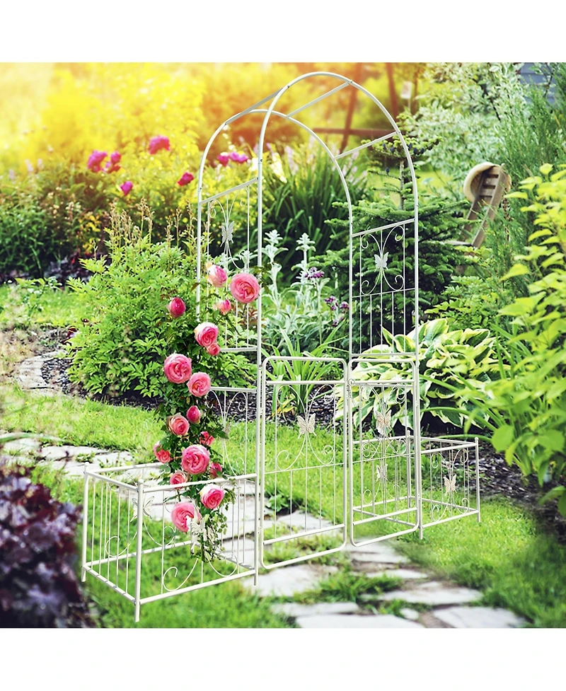 Clihome Metal Garden Arch with Gate 79.5" Wide x 86.6" High Climbing Plants Support Rose Arch Outdoor