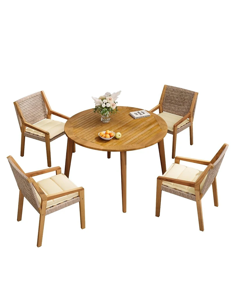 Asagikoiai 4-Piece Wicker Patio Dining Set with Acacia Wood Table and Weatherproof Cushions