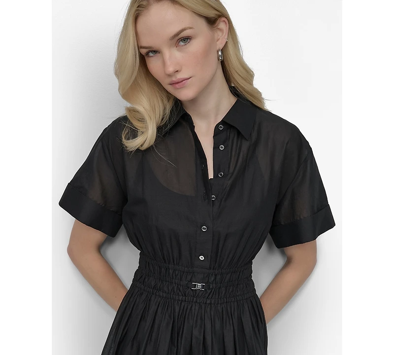 Dkny Women's Short-Sleeve Drawstring Button-Down Shirt Dress
