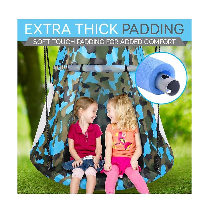 SereneLife Toddler Kids Hanging Tent Swing, Outdoor Saucer Swing with Hanging Kit and Swivel Spinner, Backyard Play Swing
