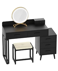 Aheaplus Vanity Desk with Mirror and Lights, Makeup Set 6 Drawers Stool